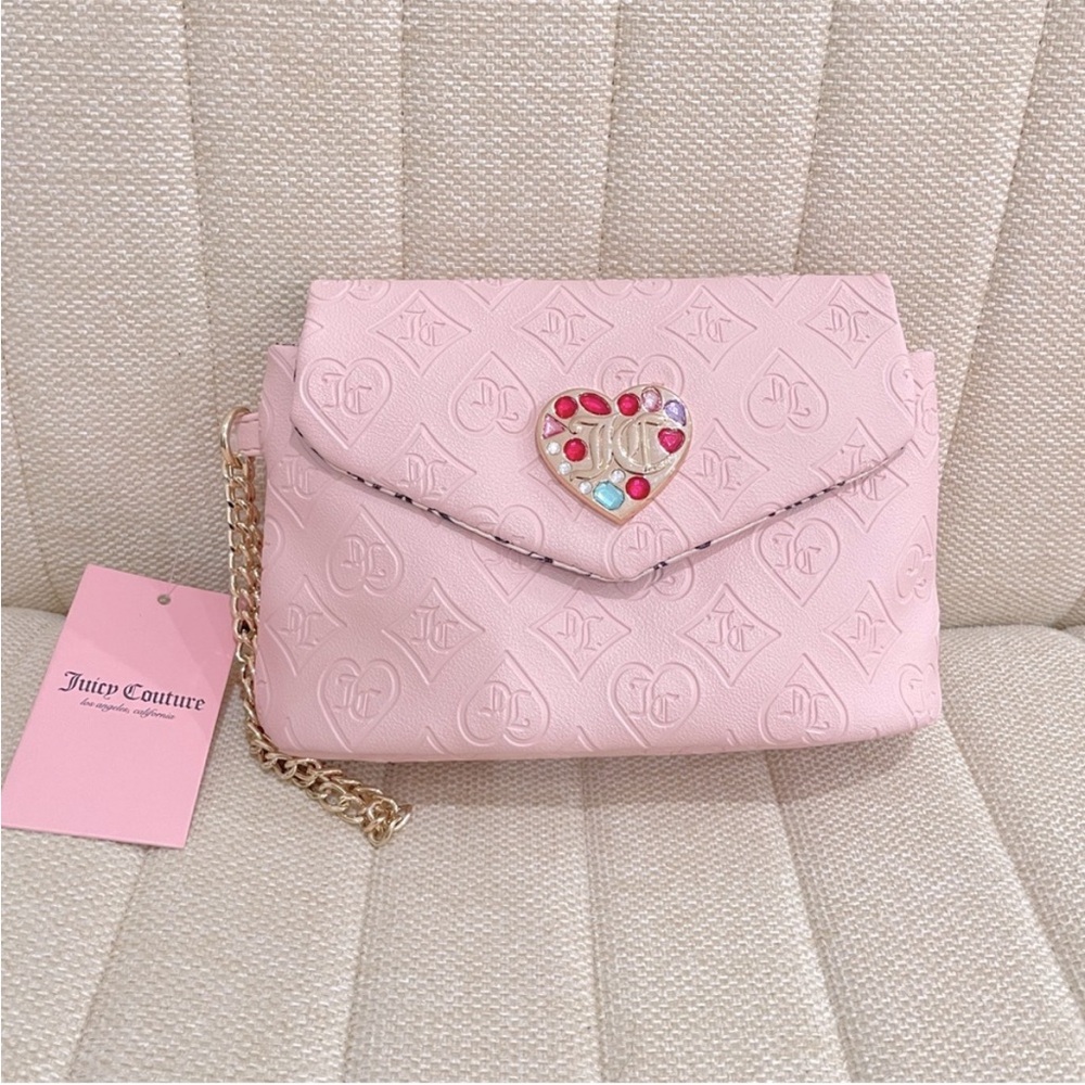 NEW Juicy Couture Pink Embossed Monogram Rhinestone Heart Chain Wristlet‎ Bag
